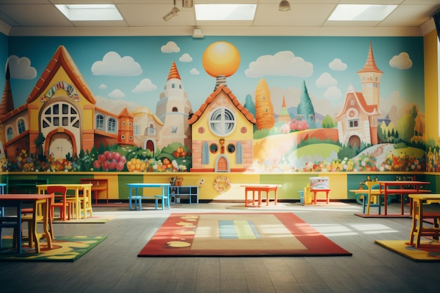 L'intérieur des murs des salles de classe préscolaires de la maternelle est peint avec des peintures fabuleuses, des bureaux lumineux et