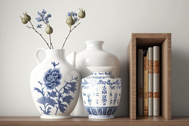 Intérieur nature morte avec vase en porcelaine de Chine blanc bleu sur fond blanc de table d'étagère