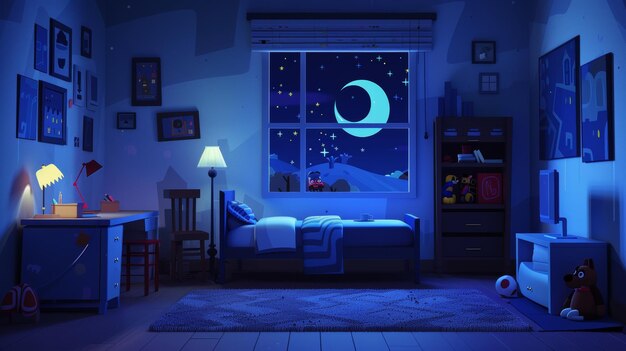 Photo intérieur nocturne d'une chambre à coucher pour garçon avec lit, bureau, chaise, garde-robe, jouets sur les étagères, tapis sur le sol et photos sur le mur.