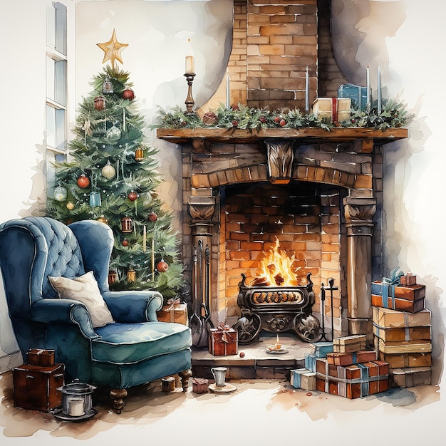 Intérieur de Noël avec cheminée aquarelle