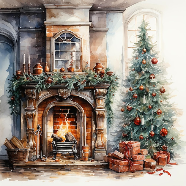 Intérieur de Noël avec cheminée aquarelle