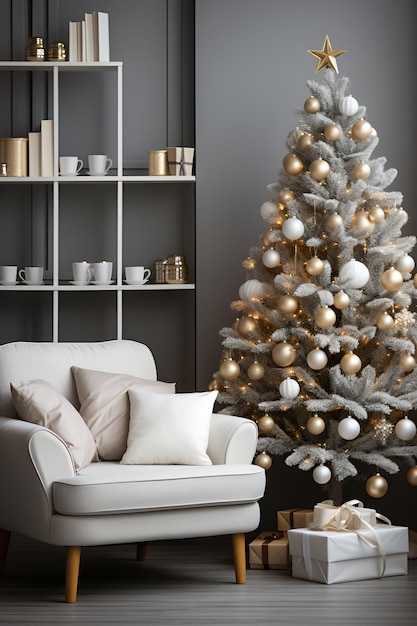 Intérieur de Noël confortable avec une chaise et un sapin de Noël avec des boules et des coffrets cadeaux