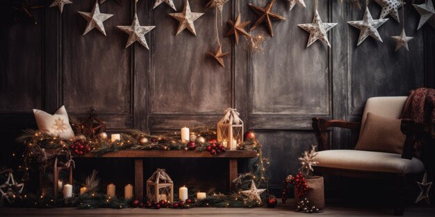 Intérieur de Noël rustique avec des décorations festives faites à la main pour une maison confortable