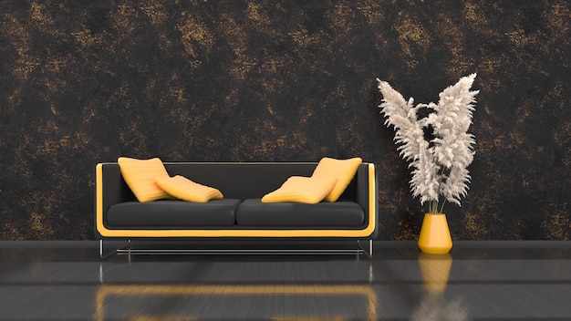 Intérieur noir avec canapé noir et jaune moderne, illustration 3d
