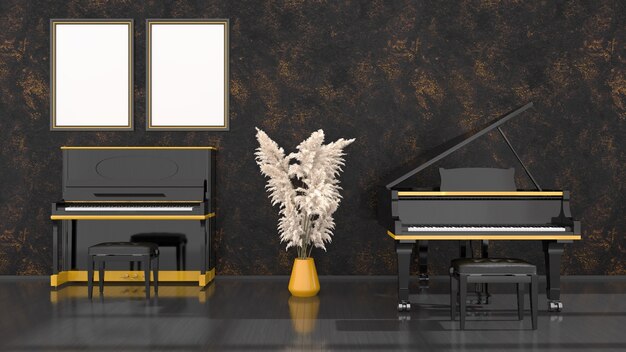 Intérieur noir avec piano noir et jaune, piano à queue et cadre pour maquette, illustration 3d