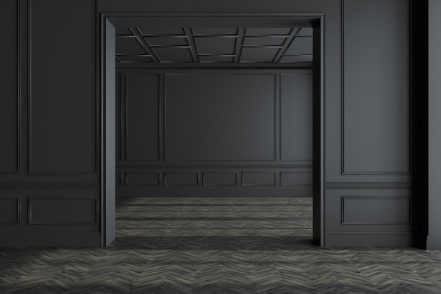 Intérieur noir de la pièce vide avec un sol en bois sombre et de larges portes. Concept d'un design d'intérieur moderne. maquette de rendu 3d