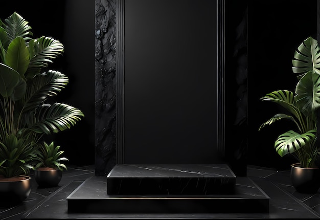 Intérieur noir de podium sur fond noir concept minimal pour la promotion du produit