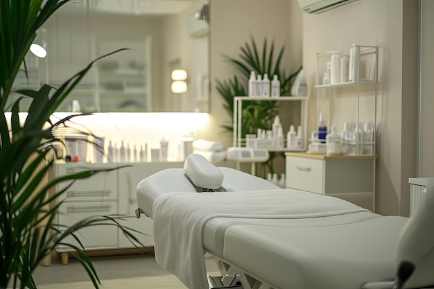 Intérieur d'un nouveau salon de beauté avec une table de massage spa et un ensemble de produits de soins de la peau prêts à l'utilisation