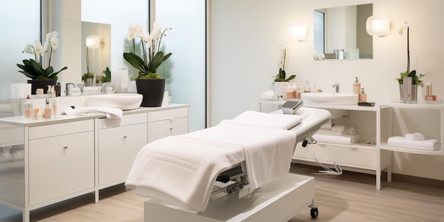 Intérieur d'un nouveau salon de beauté avec une table de massage spa et un ensemble de produits de soins de la peau