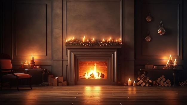 Intérieur de la nuit de Noël avec cheminée rendu 3d Generative Ai