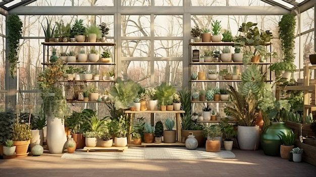 Intérieur de l'orangerie de jardin à domicile chambre avec des plantes verdure dans différents pots étagères avec des pots avec des plantes zone dans le jardin d'hiver