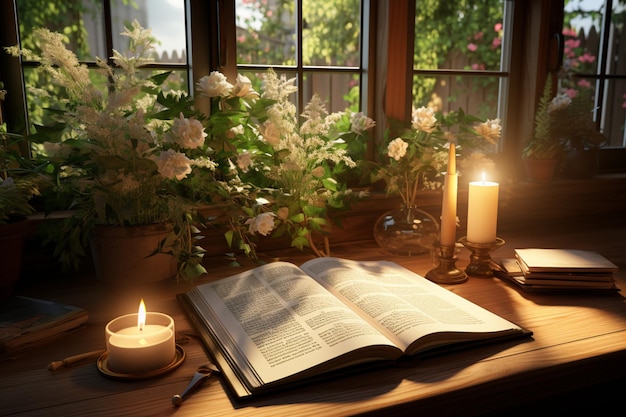 Intérieur paisible avec une Bible ouverte embrassant la lumière du matin