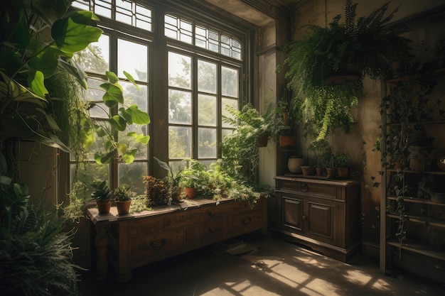 Un intérieur paisible avec des plantes luxuriantes et la lumière du soleil filtrant à travers les fenêtres