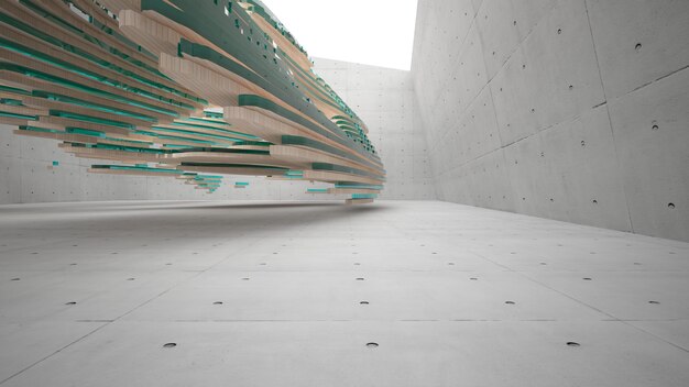 Intérieur paramétrique abstrait en béton et bois avec illustration et rendu 3D de fenêtre