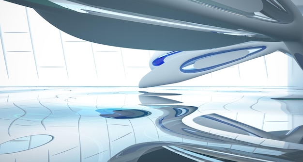 Intérieur paramétrique abstrait de l'eau blanche et bleue avec illustration et rendu 3D de la fenêtre