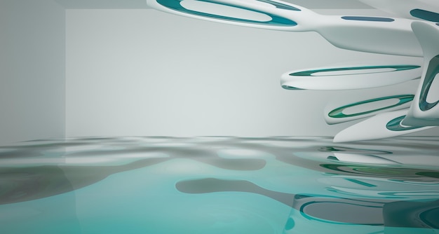Intérieur paramétrique abstrait de l'eau blanche et bleue avec illustration et rendu 3D de la fenêtre