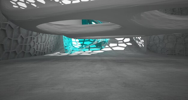 Intérieur paramétrique en béton abstrait avec illustration et rendu 3D d'éclairage au néon