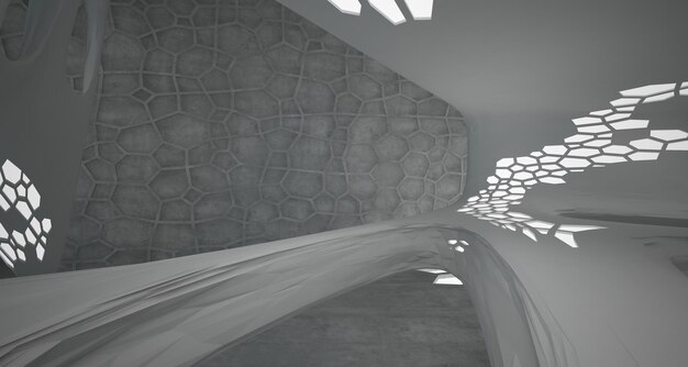 Intérieur paramétrique en béton abstrait avec illustration et rendu 3D d'éclairage au néon