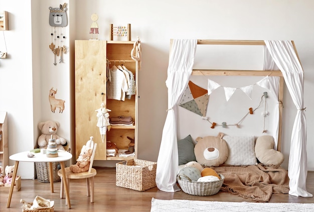 Intérieur de la pépinière Jouets en bois dans la chambre des enfants