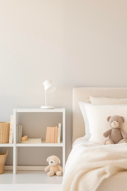 L'intérieur de la pépinière Des jouets de lit Cadre photo toile de fond Chambre blanche Chambre de jeux pour enfants