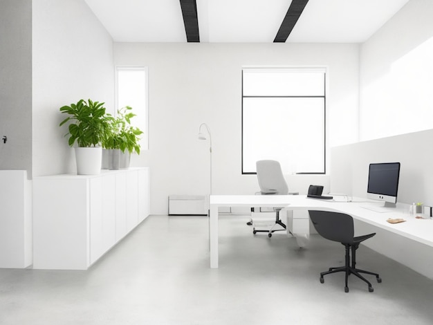 Intérieur de petit bureau moderne avec murs blancs et sols en béton IA générative