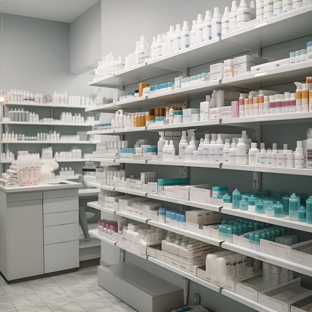 Intérieur de la pharmacie avec des étagères remplies de colis contenant des médicaments et des suppléments