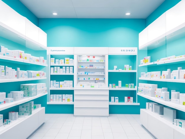 intérieur de pharmacie flou et flou avec des étagères contenant des médicaments