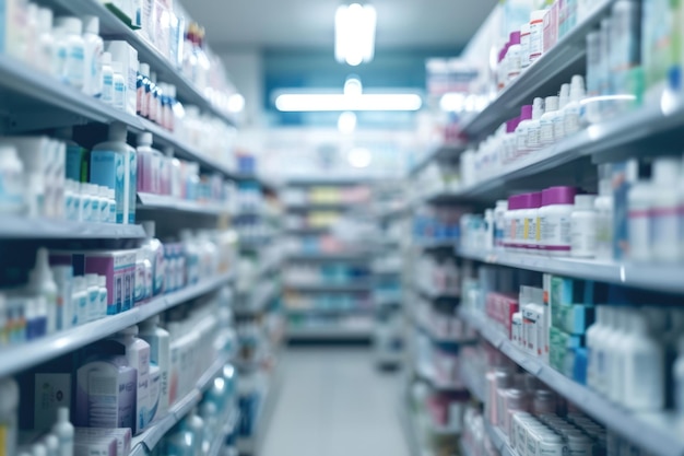 Intérieur d'une pharmacie avec des fournitures sur les étagères