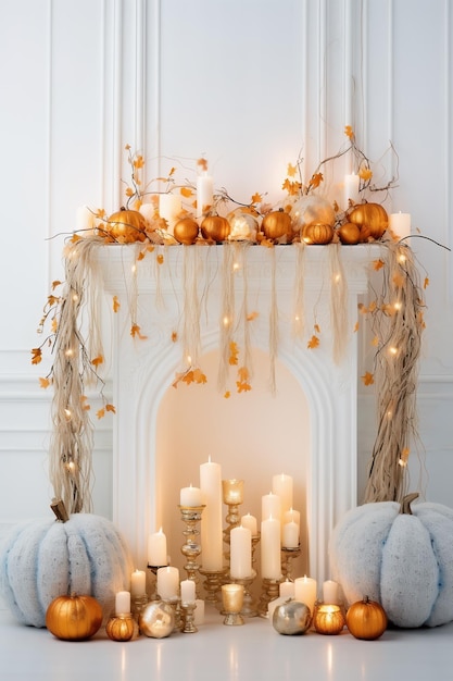 L'intérieur d'une pièce blanche avec une cheminée et des bougies et des citrouilles décoratives Concept de décoration d'automne AI Génératif