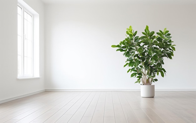 L'intérieur d'une pièce blanche vide avec un pot de plantes sur un sol en bois