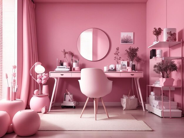 Intérieur de la pièce de couleur rose monochrome unie avec accessoires de bureau et de chambre