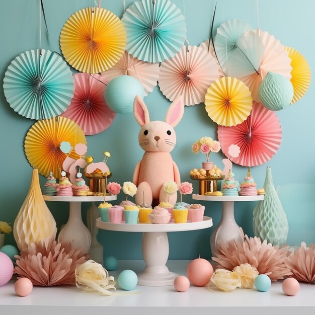 L'intérieur de la pièce décoré d'un stand de gâteau de lapin sur la table