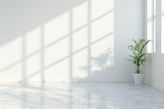 L'intérieur de la pièce est vide avec des plantes en pot, la lumière du jour et l'espace de copie sur le mur blanc.