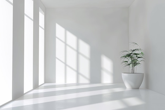 L'intérieur de la pièce est vide avec des plantes en pot, la lumière du jour et l'espace de copie sur le mur blanc.