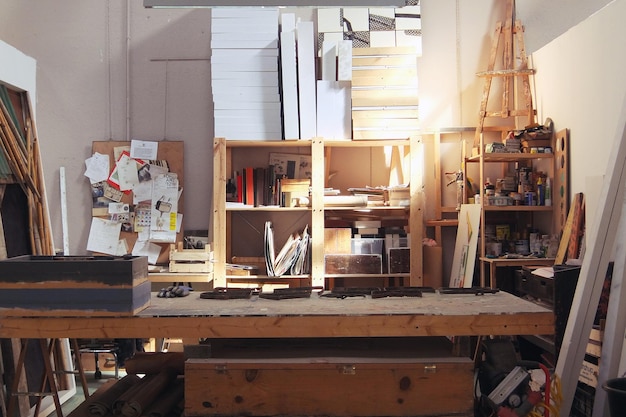 Intérieur d'une pièce avec étagère et table en bois