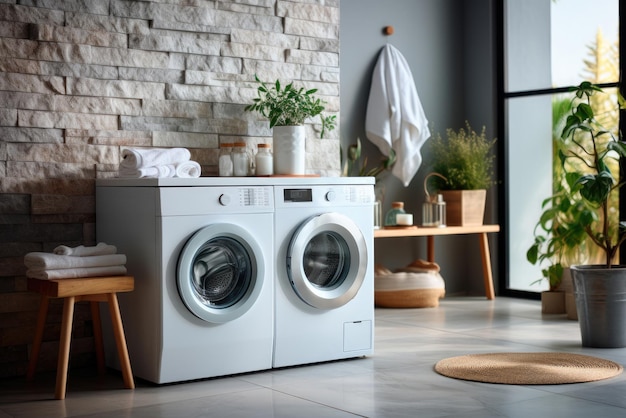 L'intérieur d'une pièce avec une machine à laver et un sèche-linge