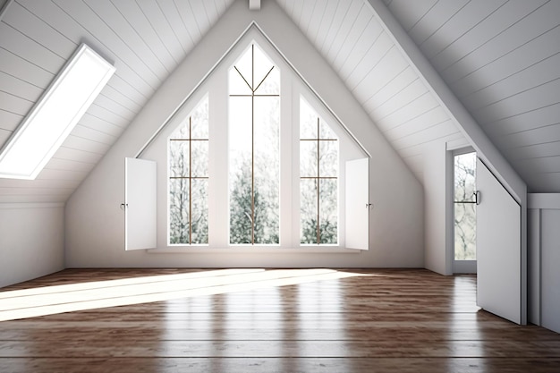 Intérieur d'une pièce mansardée vide avec des murs blancs, un plancher de bois franc et un plafond en pente avec beaucoup de fenêtres placez une copie