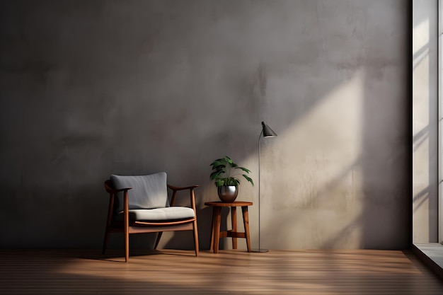 l'intérieur d'une pièce de meubles modernes chaises et une lampe devant un mur de béton ai générer