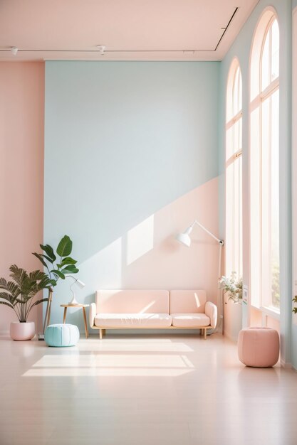 L'intérieur d'une pièce minimaliste avec des meubles simples avec des couleurs pastel