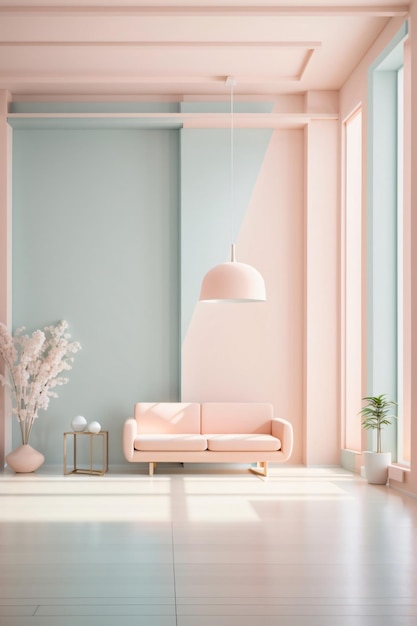 L'intérieur d'une pièce minimaliste avec des meubles simples avec des couleurs pastel