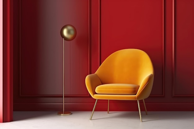 L'intérieur de la pièce moderne avec une chaise jaune, un oreiller rouge et un mur généré par l'IA