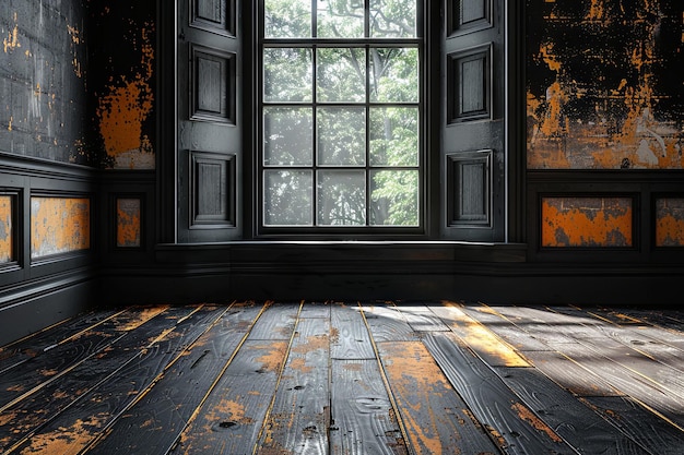 Photo intérieur de pièce sombre avec plancher sombre intérieurs réalistes noir clair et bronze image uhd postminimaliste ia générative