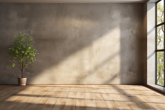 Intérieur de la pièce vide avec des murs en béton sol en bois avec lumière de la fenêtre génératif ai