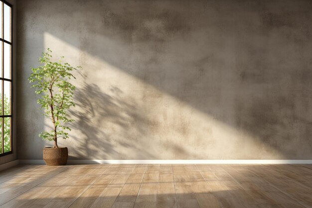 Intérieur de la pièce vide avec des murs en béton sol en bois avec lumière de la fenêtre génératif ai