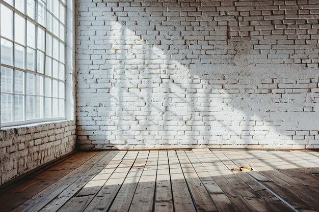 Intérieur de la pièce vintage avec mur de brique blanche et fond de plancher en bois