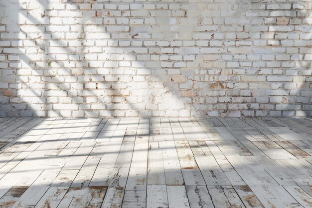 Photo intérieur de la pièce vintage avec mur de brique blanche et sol en bois en arrière-plan