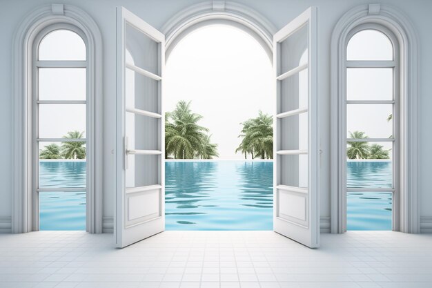 Intérieur de piscine de luxe avec vue sur la mer Rendering 3D