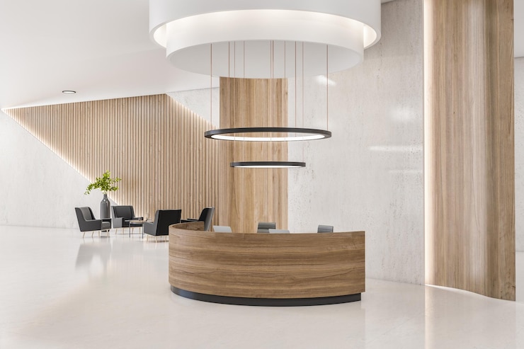 Photo intérieur de réception de bureau contemporain en bois et en béton avec bureau et autres objets concept de zone d'attente rendu 3d