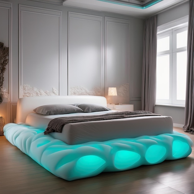 Intérieur de rendu 3 d d'un lit avec une fenêtre de grande taille Illustration 3 d d'une chambre blanche avec ab