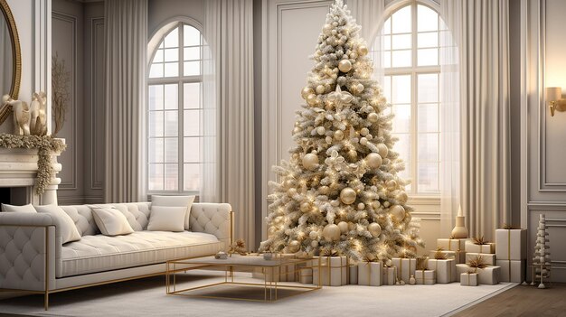 Intérieur de rendu 3D primé avec arbre de Noël